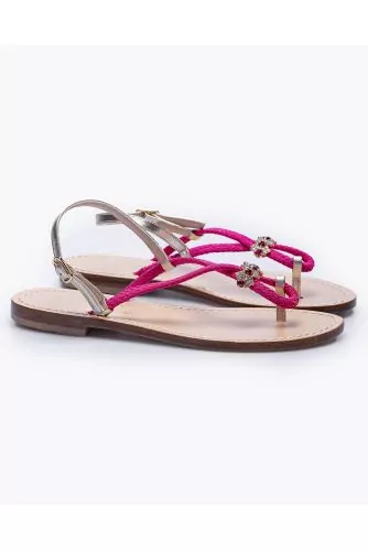 Flat rope and leather toe-thong sandals with rhinestones