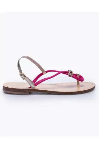 Flat rope and leather toe-thong sandals with rhinestones