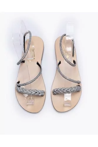 Suede flat sandals with decorative rhinestones