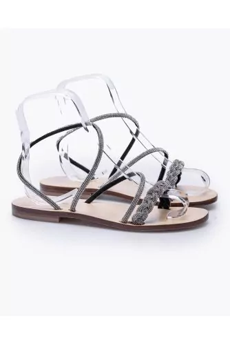 Suede flat sandals with decorative rhinestones