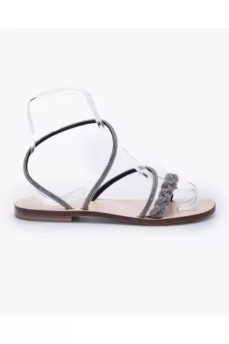 Suede flat sandals with decorative rhinestones