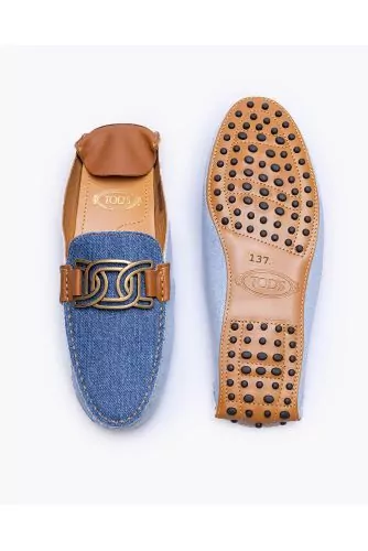 Gommino - Mules plates en denim et cuir avec maillons en métal