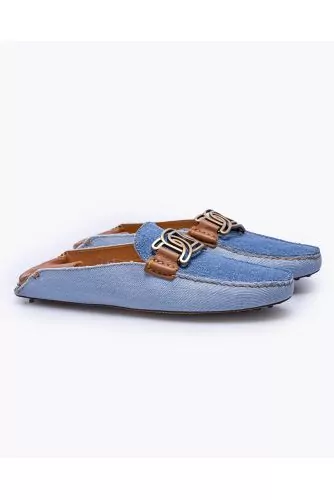 Gommino - Mules plates en denim et cuir avec maillons en métal