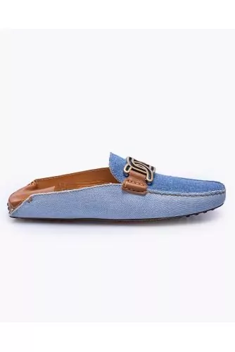 Gommino - Flat leather and denim mules with metal links