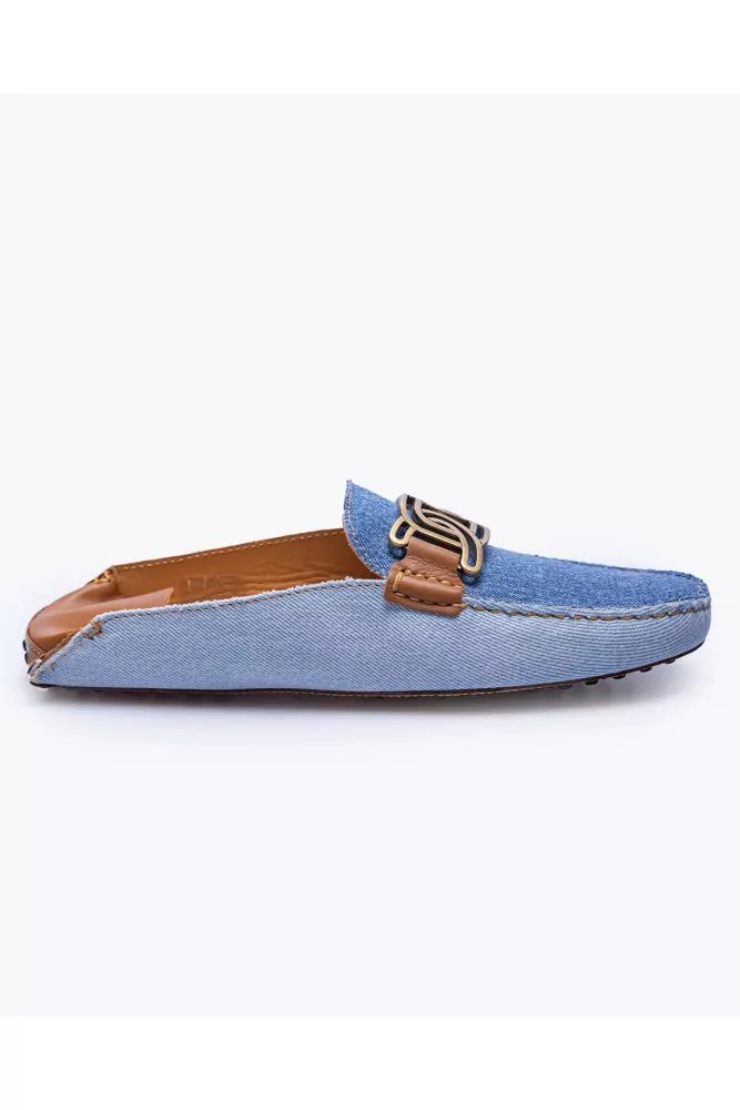 Gommino - Mules plates en denim et cuir avec maillons en métal