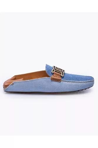 Gommino - Mules plates en denim et cuir avec maillons en métal