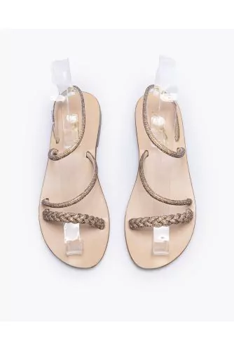 Suede flat sandals with decorative rhinestones