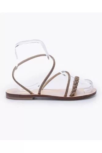 Suede flat sandals with decorative rhinestones