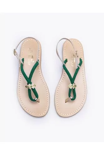 Flat rope and leather sandals with rhinestones