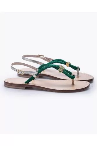 Flat rope and leather sandals with rhinestones
