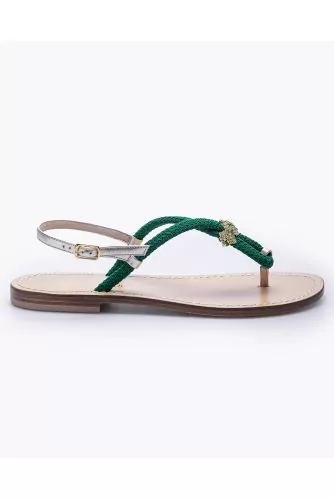 Flat rope and leather sandals with rhinestones