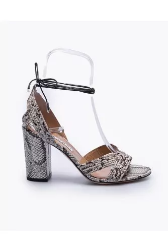 Snake print leather sandals with laces and wide bands 80