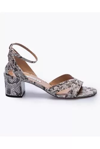 Snake print leather sandals with bands and belted strap 50