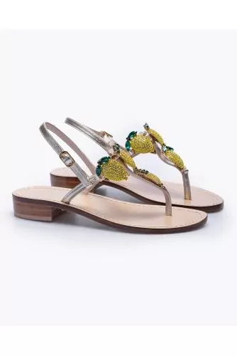 Metallized leather flat toe-thong sandals with rhinestones