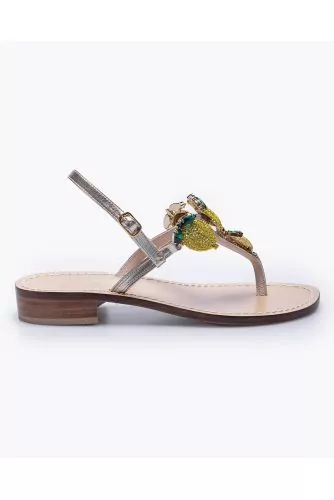 Metallized leather flat toe-thong sandals with rhinestones