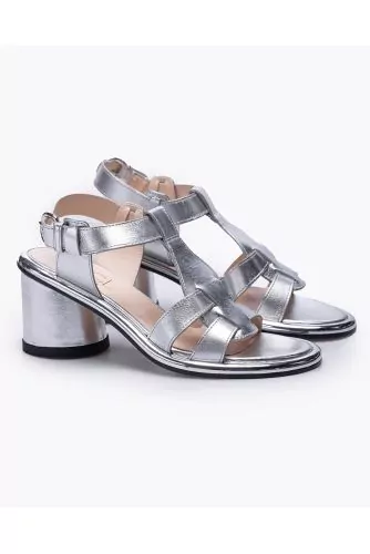 Metallized leather high-heeled sandals with large straps 70