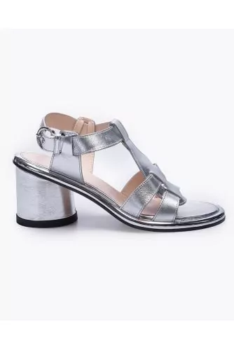 Metallized leather high-heeled sandals with large straps 70
