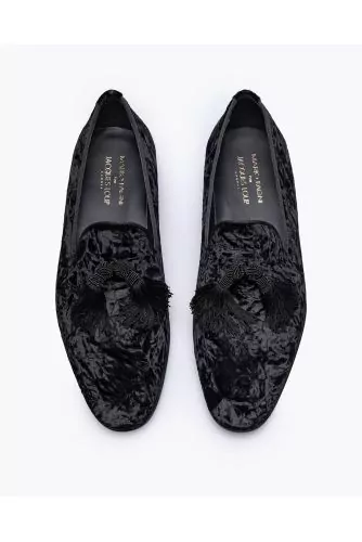 Crumpled velvet slip-ons with tassels