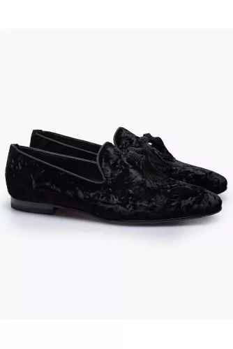 Crumpled velvet slip-ons with tassels