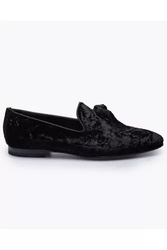 Crumpled velvet slip-ons with tassels