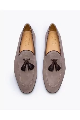 Split leather slip-ons with tassels and topstitched upper