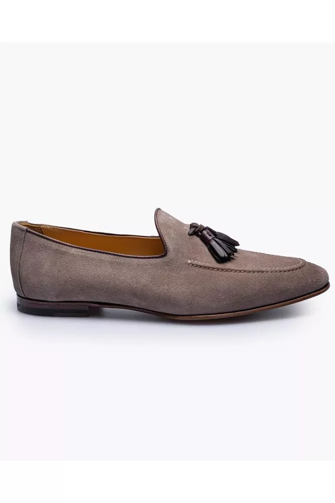 Split leather slip-ons with tassels and topstitched upper