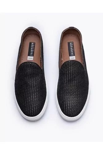 Woven leather and suede slip-ons