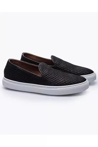 Woven leather and suede slip-ons