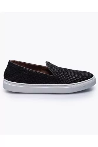 Woven leather and suede slip-ons