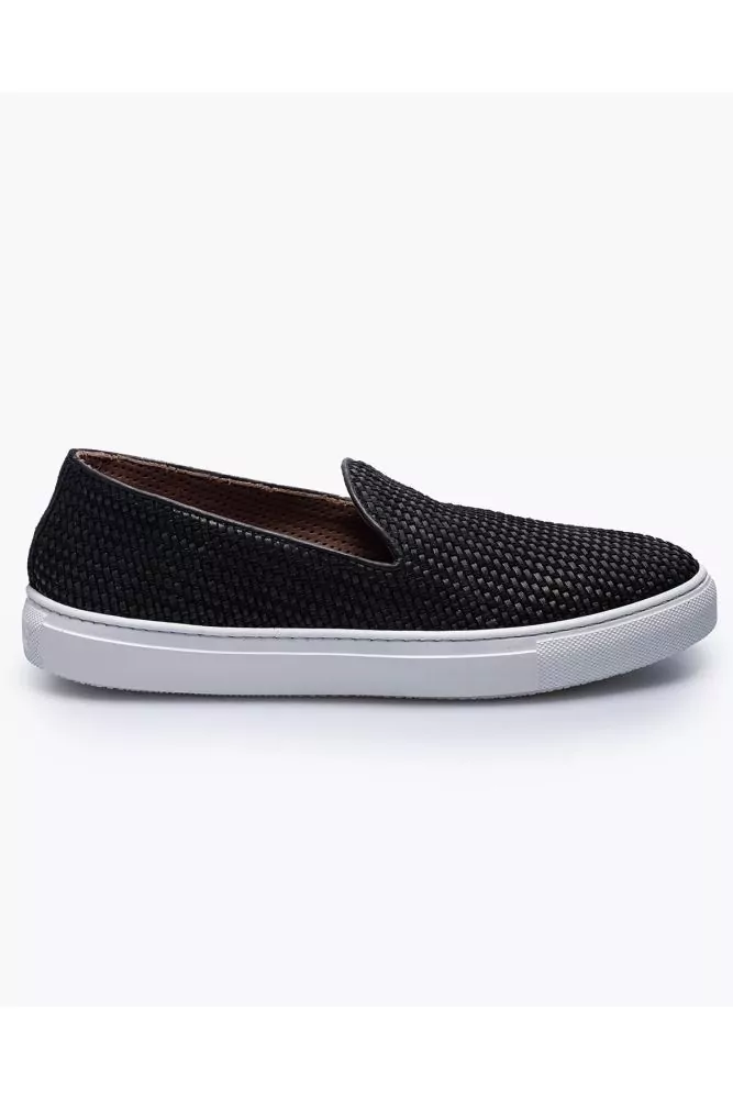 Fratelli Rossetti Black slip ons made of woven leather matte and smooth for men