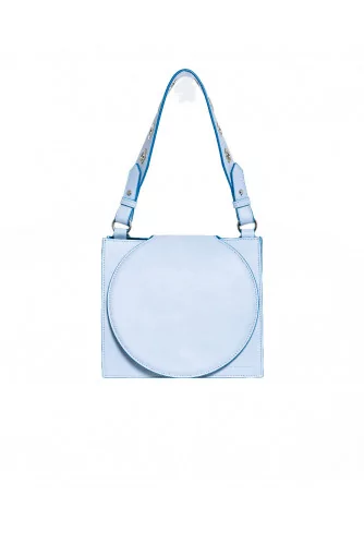 Leather bag with round flap and textile handle