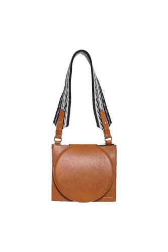 Leather bag with round flap and textile handle