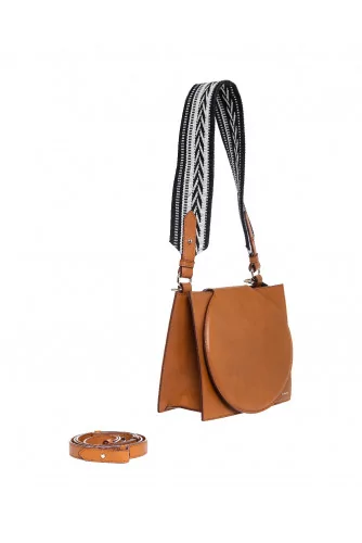 Leather bag with round flap and textile handle