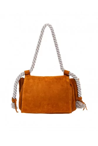 Soft suede bag with rope handles and flap