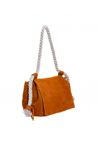 Soft suede bag with rope handles and flap