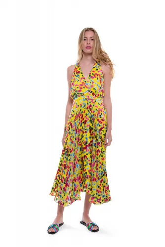 Long yellow silk dress with multicolor print "Rita" Saloni for women