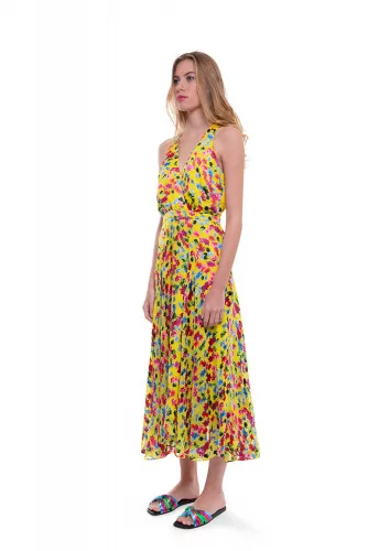 Long yellow silk dress with multicolor print "Rita" Saloni for women