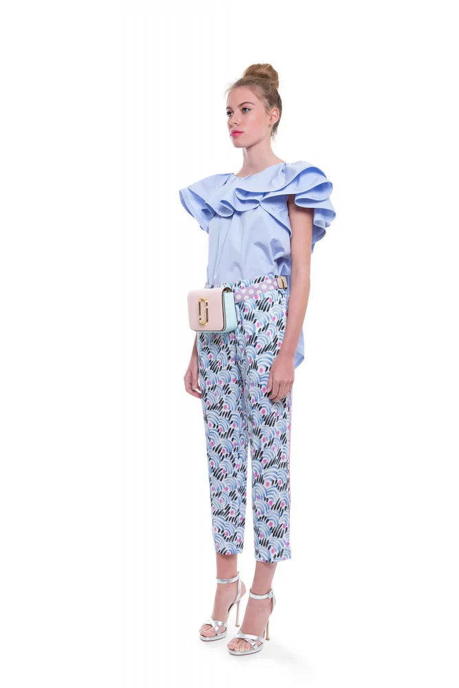 Marni - Blue trousers with multicolored print, straight cut and piping 