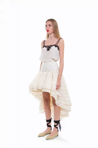 Silk asymmetrical skirt with flounces and small dots