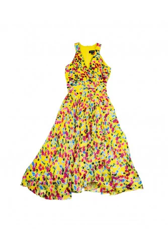 Long yellow silk dress with multicolor print "Rita" Saloni for women