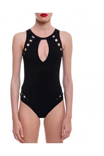 Swimsuit with open back and decorative perforations