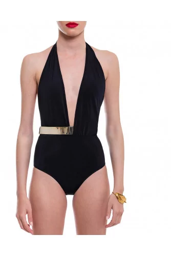 Swimsuit with metal belt and large V neckline