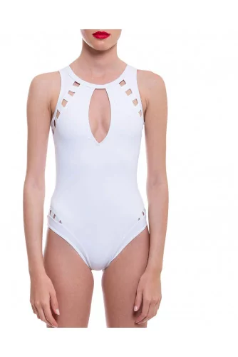 Swimsuit with open back and decorative perforations
