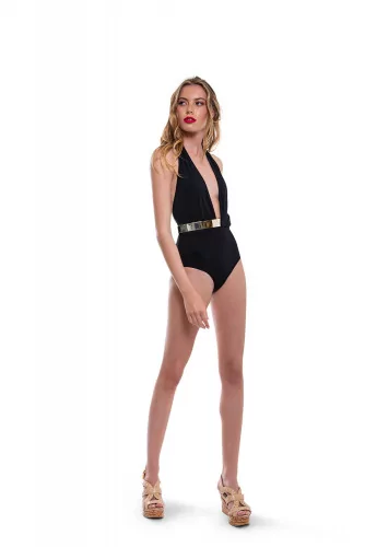 Swimsuit with metal belt and large V neckline