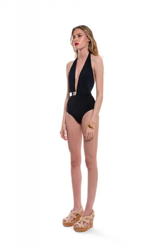 Swimsuit with metal belt and large V neckline