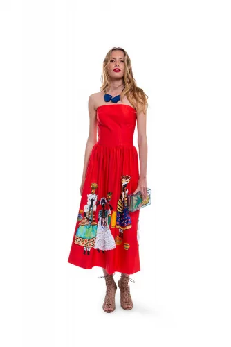 Red strapless dress with pearls and embroideries Stella Jean for women