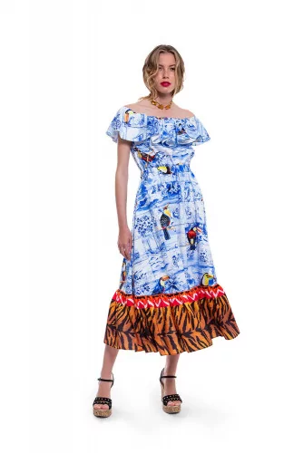 Blue and white dress with toucan print Stella Jean for women