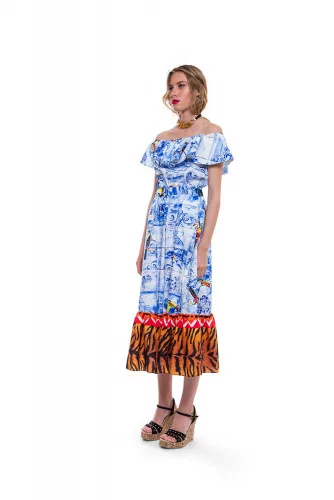 Robe Stella Jean bleu ciel, blanc et fauve