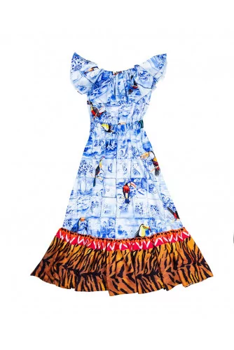 Blue and white dress with toucan print Stella Jean for women