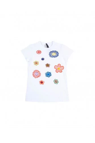 Cotton T-shirt with applied colorful flowers
